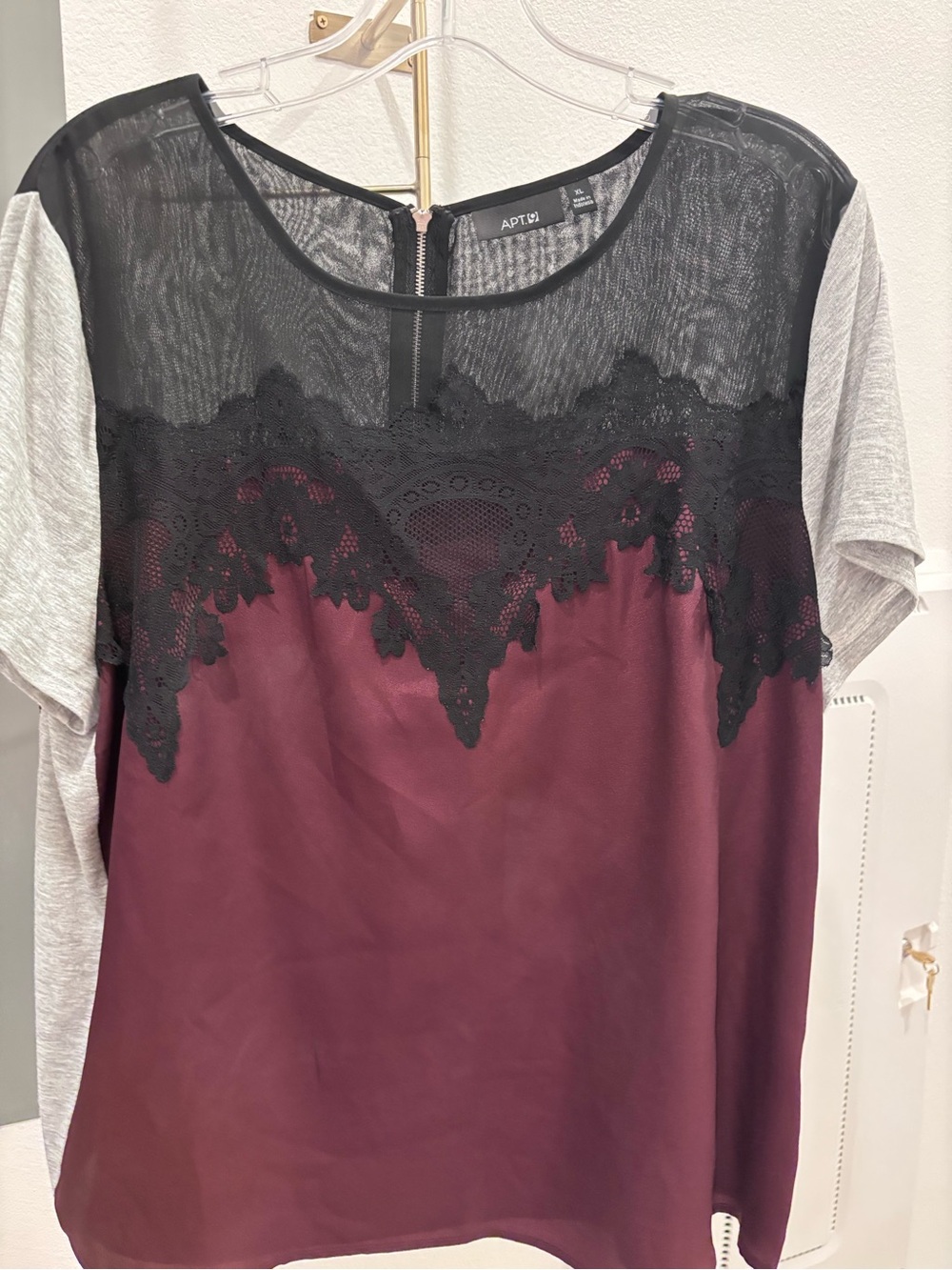 Apt. 9 Burgundy Satin Front Top with Black Lace and Gray Sleeves